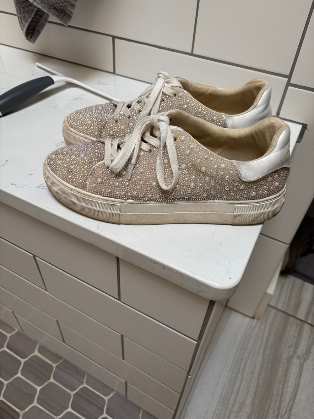 Betsey Johnson Beige Pearl & Crystal Embellished Sneakers - Picture 2 of 7